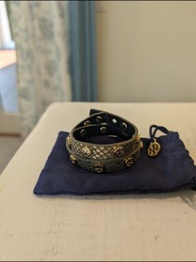 Tory Burch Metallic Gray Double-Wrap Logo Stud Bracelet